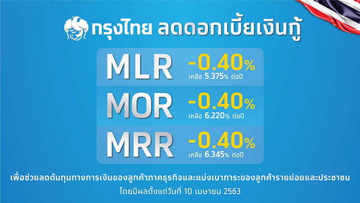 กรุงไทยประกาศลดดอกเบี้ยเงินกู้ MLR MOR MRR ลง 0.40% ต่อปี